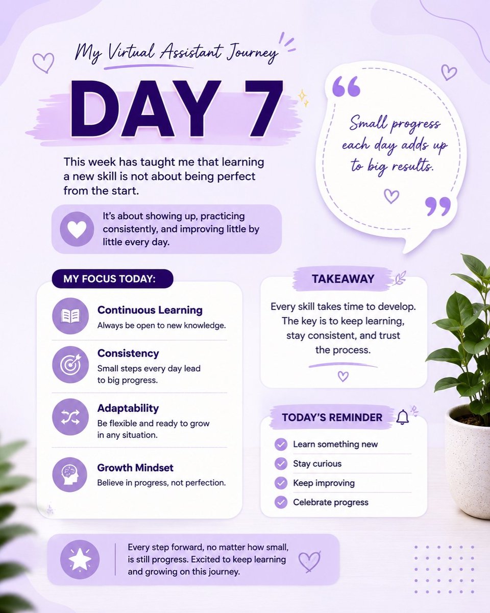 Anna_bella31's tweet photo. Day 7 of my Virtual Assistant journey 🚀

One week in, and I've realized that learning something new can be exciting and challenging at the same time.

But that's ok✅

It's all about showing up, practicing consistently, and improving little by little every day.

#VALearning https://t.co/FHJUbtxY0G