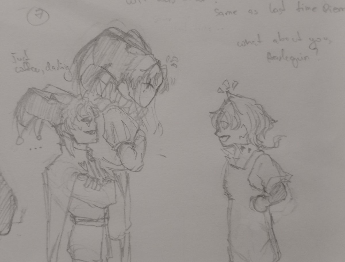 millenniumcrest's tweet photo. (5/7)
H: Something similar to us. But distant and more rooted.
P: Aren't you making too big of an assumption?
H: Maybe, maybe not...
(6/7)
K: Harlequin! Pierrot! Are you two here for a drink?
(7/7)
K: Same as last time, Pierrot? What about you Harlequin?
H: Just coffee, darling. https://t.co/cIUK9lgHGS