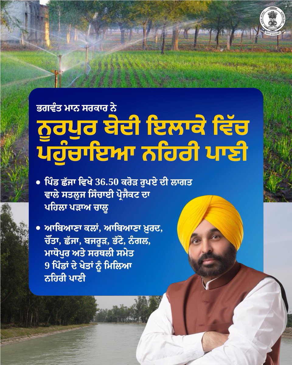WaterRDPunjab's tweet photo. ਮਾਨ ਸਰਕਾਰ ਵੱਲੋਂ ਨੂਰਪੁਰ ਬੇਦੀ ਇਲਾਕੇ ਵਿੱਚ ਪਿੰਡ ਛੱਜਾ ਵਿਖੇ 36.50 ਕਰੋੜ ਰੁਪਏ ਦੀ ਲਾਗਤ ਵਾਲੇ ਸਤਲੁਜ ਸਿੰਚਾਈ ਪ੍ਰੋਜੈਕਟ ਦਾ ਪਹਿਲਾ ਪੜਾਅ ਚਾਲੂ ਕਰ ਦਿੱਤਾ ਗਿਆ ਹੈ।
#BhagwantSinghMann #FarmerWelfare #AgricultureDevelopment #CanalInfrastructure #WaterConservation https://t.co/MGRfRjs4um