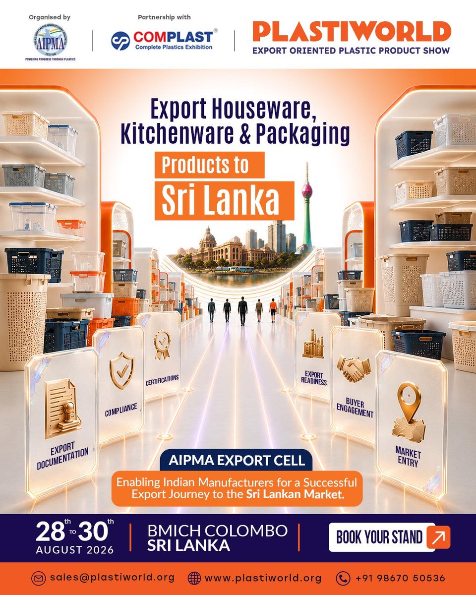 plastiworld_org's tweet photo. Entering the Sri Lankan market starts with the right preparation.

28 – 30 August 2026
BMICH, Colombo, Sri Lanka

Book your stand: https://t.co/k7bwwFZpBK 

#PlastiWorld #PlastiWorldSriLanka2026 #AIPMAExportCell #IndianManufacturers #ExportSupport https://t.co/I5aKJrIM3X