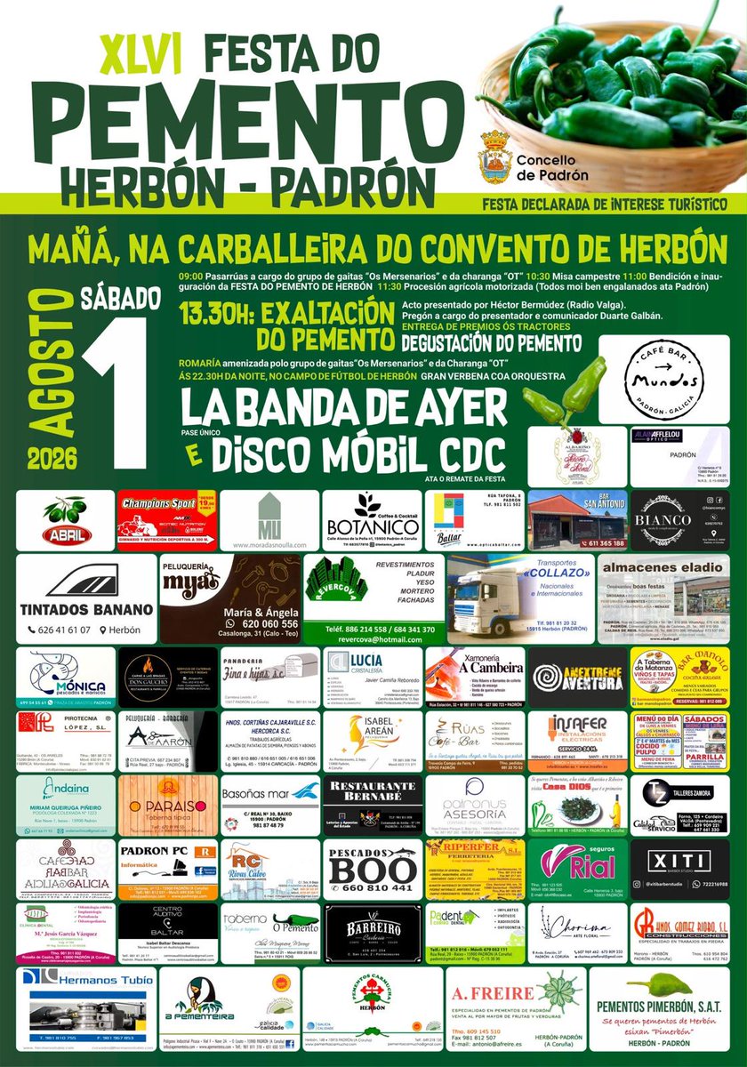 AngelRoConde's tweet photo. Os pementos de Herbón son uns dos grandes embaixadores e atractivos que temos no noso concello. Por iso, este sábado non podedes faltar á 46ª edición da Festa do Pemento de Herbón, declarada de Interese Turístico de Galicia, para probar se pican ou non. Vémonos alí! https://t.co/qIZsRyRdPc