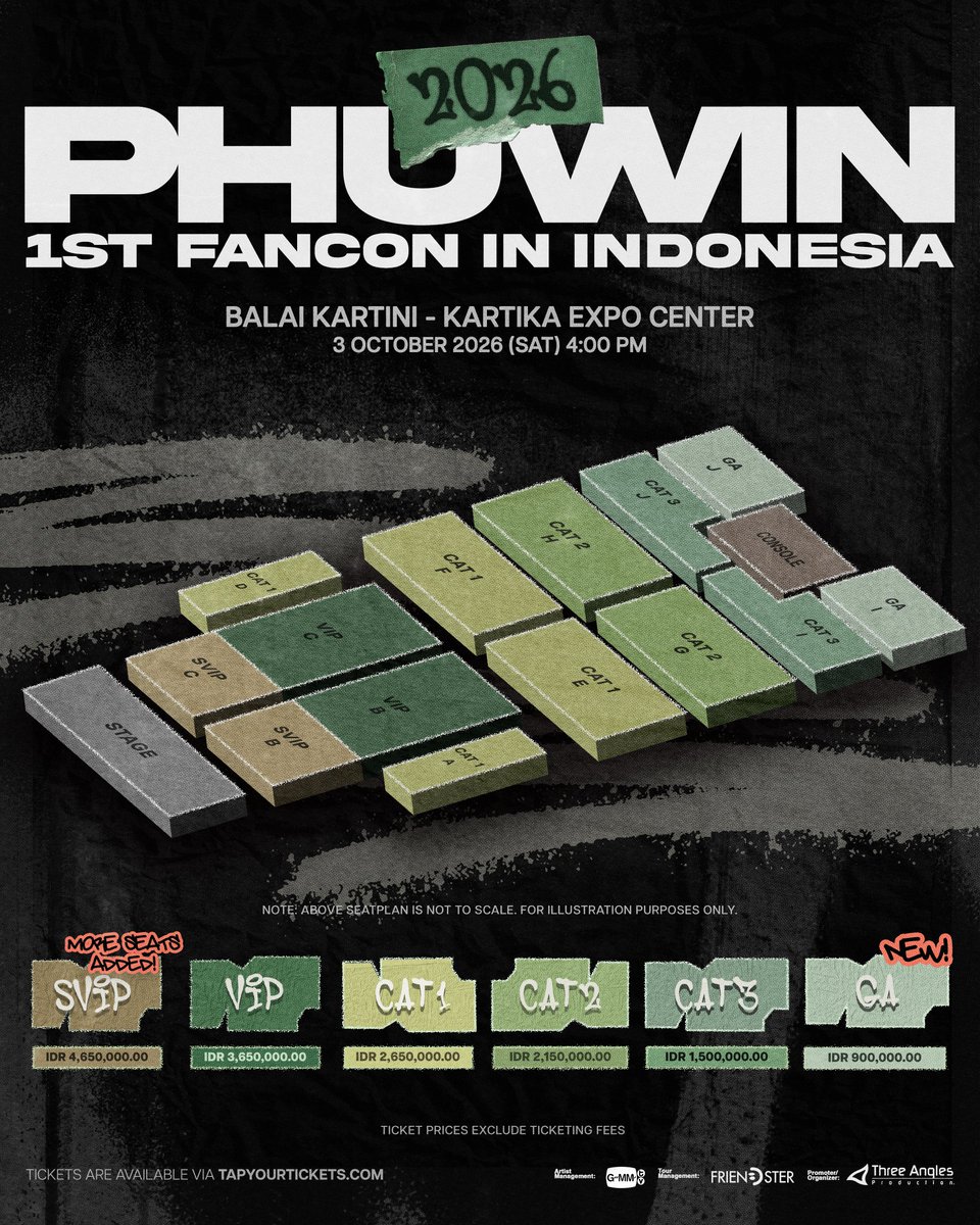 Threeanglespro's tweet photo. INDONESIA, we heard your requests! 💚📣

Because of your overwhelming love and support for Phuwin, we are pleased to announce that we will be OPENING ADDITIONAL SVIP SEATS in very limited quantity, along with a NEW watch-only GENERAL ADMISSION (GA) TICKET CATEGORY! 🌟

Due to the limited availability of SVIP tickets, upgrades can be processed by first purchasing an available SVIP ticket through the ticketing site.

Once your new purchase has been confirmed, please send both your original and new transaction details to support@tapyourtickets.com. We will then process the refund for your initial original ticket, which will then be released back for public sale after the refund process has been initiated.

Kindly note that refund processing timelines may vary depending on your bank or payment provider.

For those who have yet to purchase tickets, ticket sales will resume at 7:00 PM WIB along with the updated venue seat map available via https://t.co/ctBD62e8bM 🎫

🗓️: 3 October 2026 | 4:00 PM
📍: Balai Kartini - Kartika Expo Center

#Phuwintang #2026Phuwin1stFanconinIndonesia 
#GMMTV #friendsterth #ThreeAnglesProduction