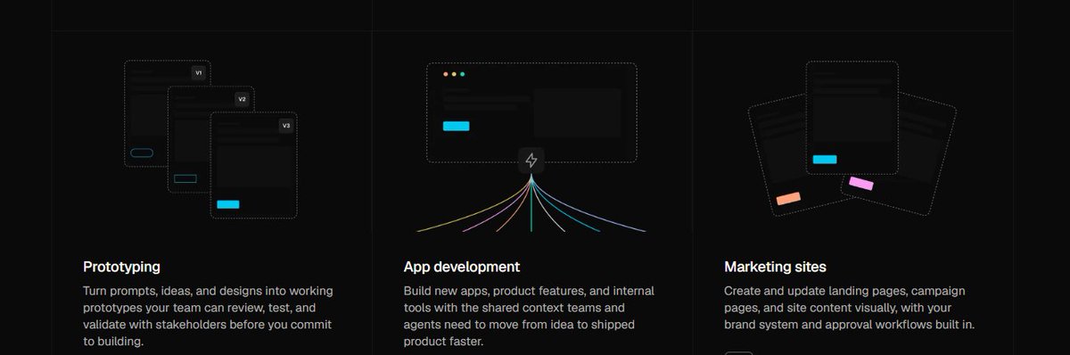 lenimas11's tweet photo. Build together, from first idea to production!

Turn prompts, ideas, and designs into working prototypes your team can review, test, and validate with stakeholders before you commit to building.

Build new apps, product features, and internal tools with the shared context teams and agents need to move from idea to shipped product faster.

Create and update landing pages, campaign pages, and site content visually, with your brand system and approval workflows built in.