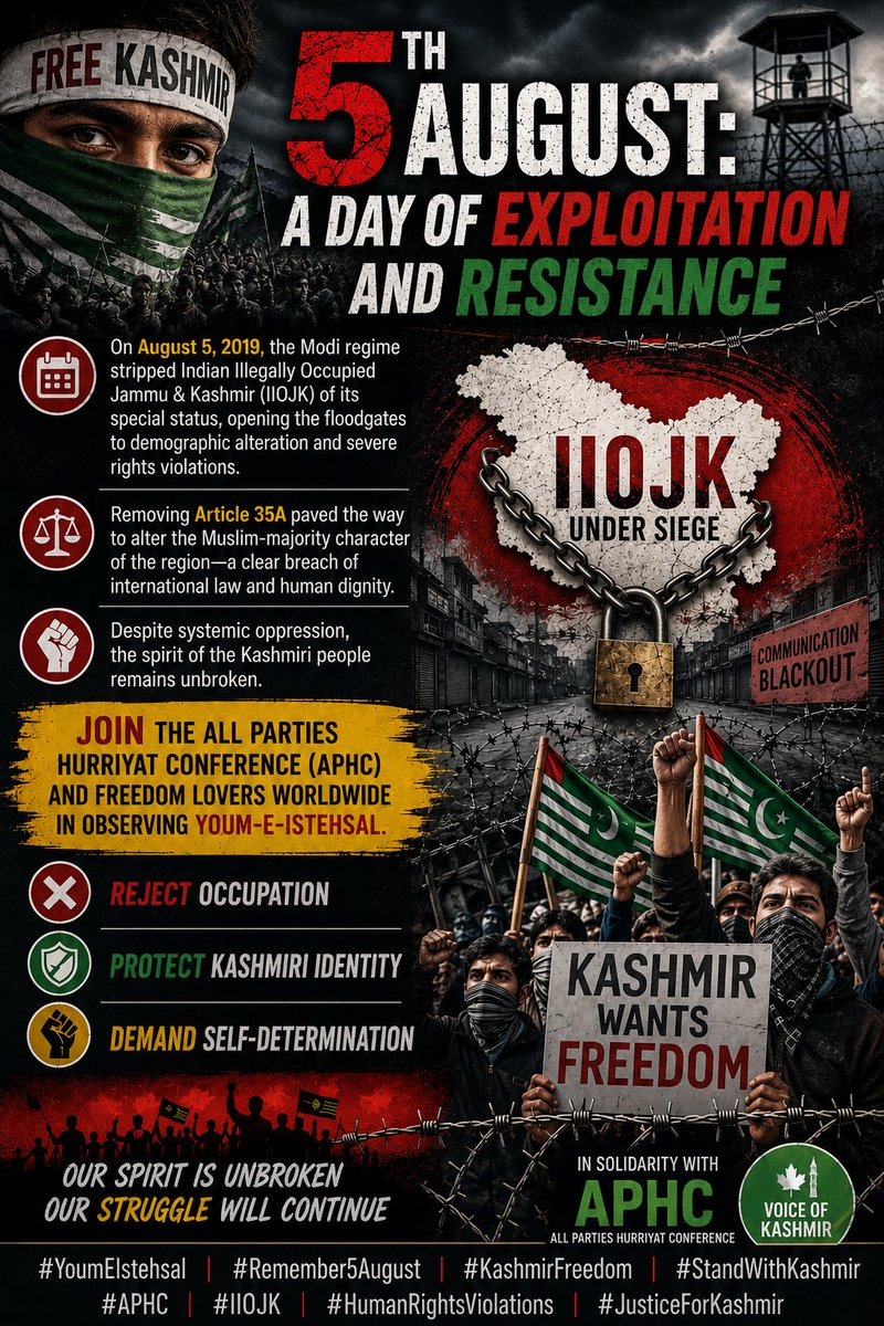 viral100800's tweet photo. 5 August 2019: A day of dispossession, not democracy. Kashmir's identity cannot be erased, nor its demand for self-determination silenced.
#YoumEIstehsal #Remember5August #FreeKashmir https://t.co/nSz0oHHsXQ