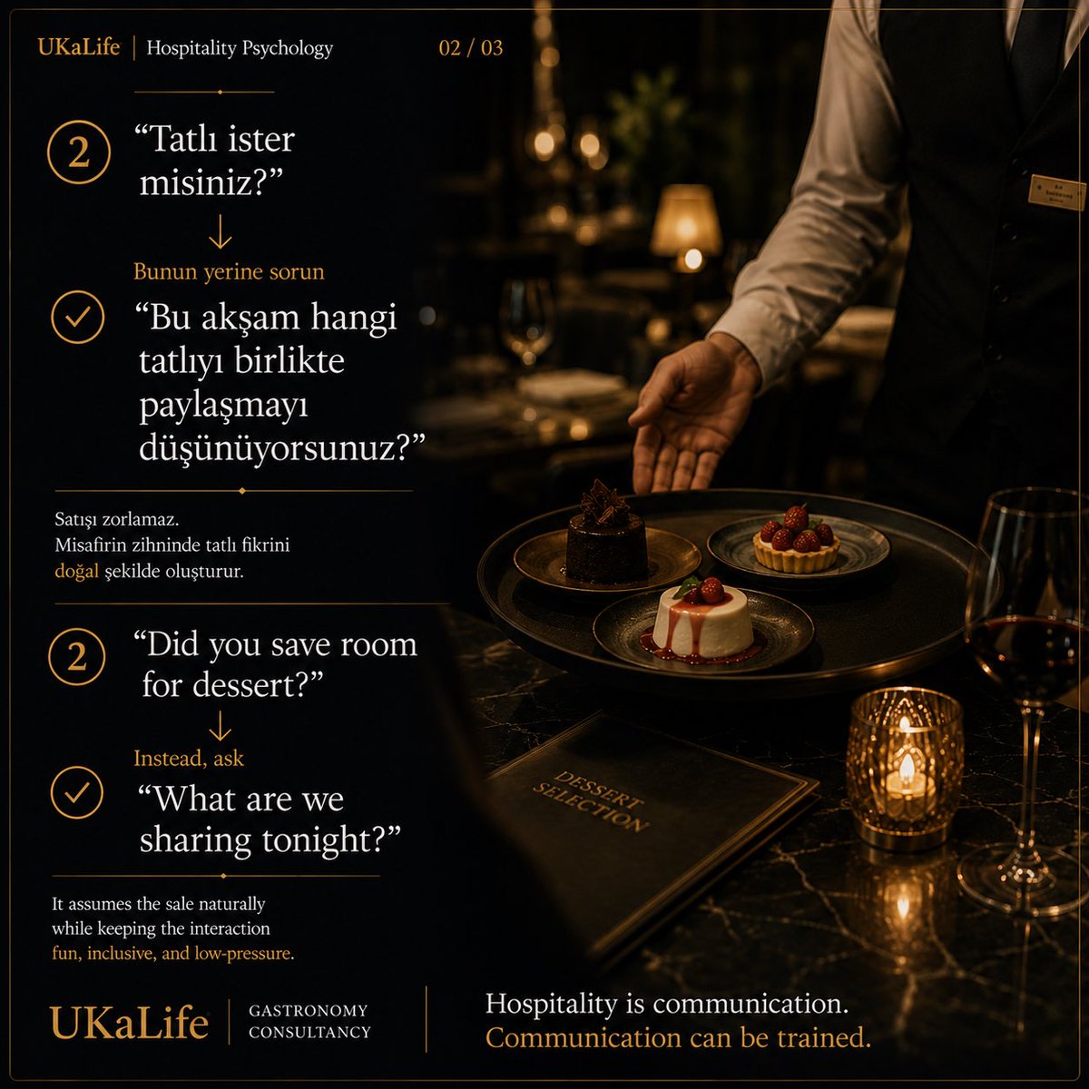 ukalifecom's tweet photo. Ekibinizin kullandığı 3 cümle, farkında olmadan satışlarınızı düşürüyor olabilir.

#UKaLife #HospitalityPsychology #MisafirDeneyimi #RestoranYönetimi #RestoranEğitimi #HospitalityTraining #GuestExperience #RestaurantManagement #ServiceExcellence #RestaurantConsulting https://t.co/5in4e46oXj