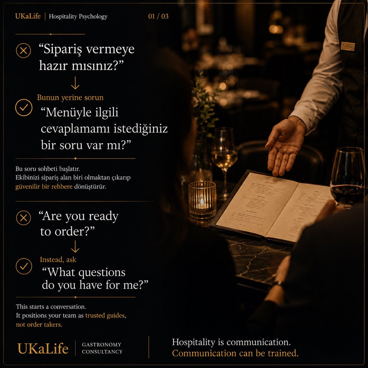 ukalifecom's tweet photo. Ekibinizin kullandığı 3 cümle, farkında olmadan satışlarınızı düşürüyor olabilir.

#UKaLife #HospitalityPsychology #MisafirDeneyimi #RestoranYönetimi #RestoranEğitimi #HospitalityTraining #GuestExperience #RestaurantManagement #ServiceExcellence #RestaurantConsulting https://t.co/5in4e46oXj