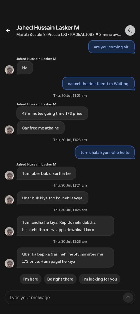 rahulsoni244's tweet photo. @Uber Dear Team this was a real unexpected experience with Uber today.
My wife booked a taxi for home
VEHICLE NO- KA05AL1093 
The driver didn't seem to be in his senses and messaged absurd words and showed great arrogance. Uber should not allow such people to drive with them. pFA https://t.co/obPGKSvYZE