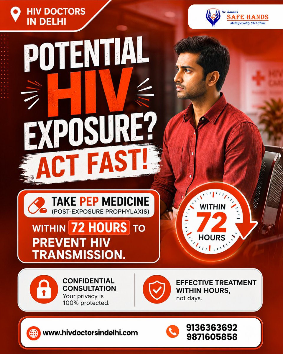 Dr_vinod_Raina's tweet photo. 🚨 Potential HIV Exposure? Don't Wait — Act Within 72 Hours! ⏳

#HIVAwareness #PEP #HIVPrevention #SafeSex #STDClinic #HIVDoctors #DelhiDoctors #HIVTesting #SexualHealth #PEPWithin72Hours #HealthAwareness #STDAwareness #ConfidentialCare #PreventHIV https://t.co/qu4dMUwsV4