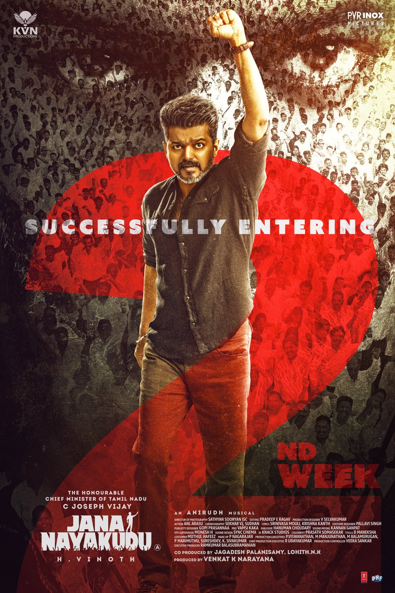 TheRoute's tweet photo. Successfully entering 2nd week 🔥

#JanaNayagan 
#JanaNayakudu
#JanNeta

The Hon'ble Chief Minister @actorvijay @TheKVNofficial @KvnProductions #HVinoth @hegdepooja @anirudhofficial @thedeol @_mamithabaiju @Jagadishbliss @LohithNK01 @RamVJ2412 @TSeries https://t.co/a6KaOWYb5F