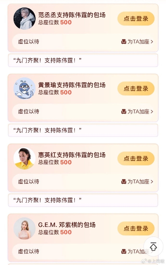 FKShi's tweet photo. #ZhangRuoNan, #YinZheng, #JoeyYung, #ShenTeng, #FanChengCheng, #HuangJingYu, #KaraHui, #GloriaTang (G.E.M.), #LiuYuXin, #LiuYaSe, #LiXian, #MaLi, #WangAnYu, #NicholasTse, #ZhaoLusi, #ZhongChuXi etc show their support to #ChanWaiTing (#WilliamChan) new drama, TV Series 九门 / Jiu Men / Mystic Nine.
30/07/26