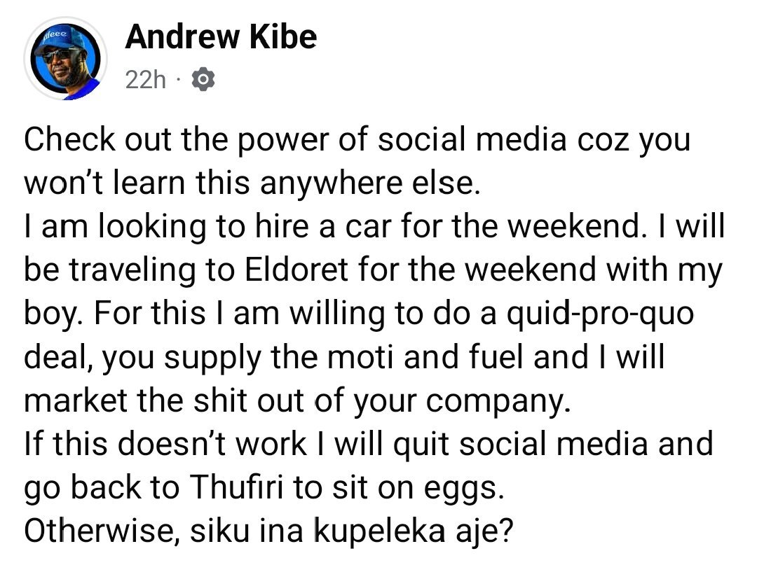mburu_journal's tweet photo. Hakuna siku Kibe ataniambia kitu!

Se how he shamelessly moved from 'I am looking to hire a car' to 'you supply the motivation and fuel and I will market the shit out of your company!'

Hawa influencers hubeba watu aje!? 
I even doubt anyone listens to Him the way he thinks pple do