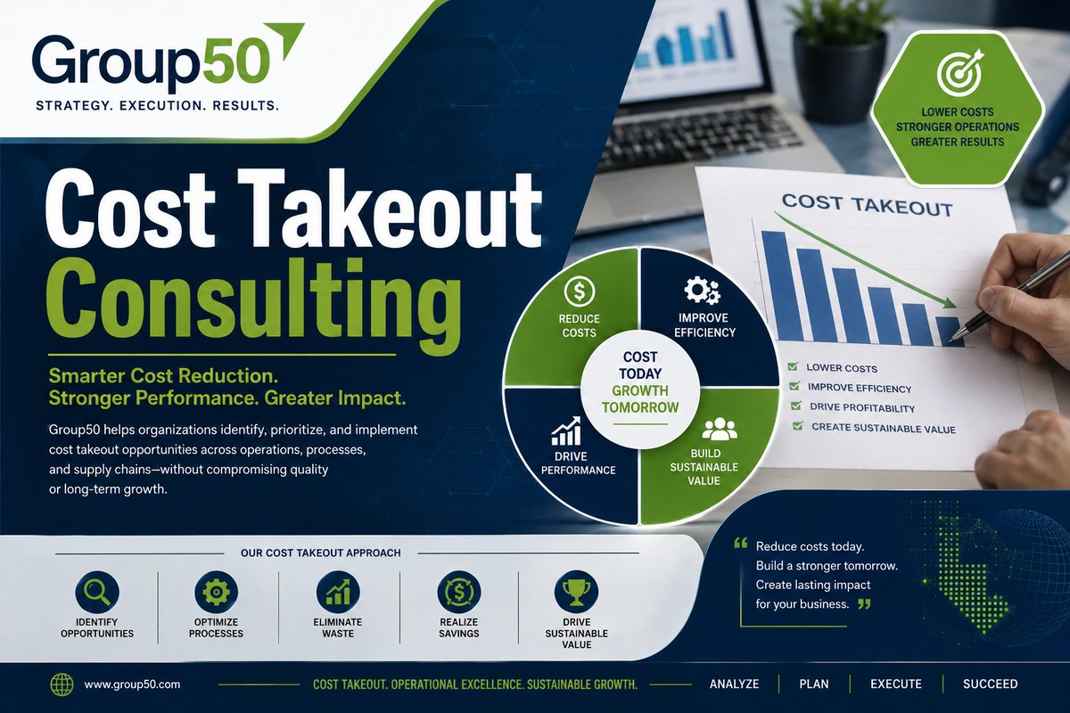 Group50's tweet photo. Lower costs. Increase efficiency. Drive sustainable profitability. Group50's Cost Takeout Consulting helps businesses eliminate waste, optimize operations, and improve long-term performance.
https://t.co/lMXRIWKEdT
#CostReduction #Lean #Business #OperationalExcellence #Group50 https://t.co/xBwKeJxkMm