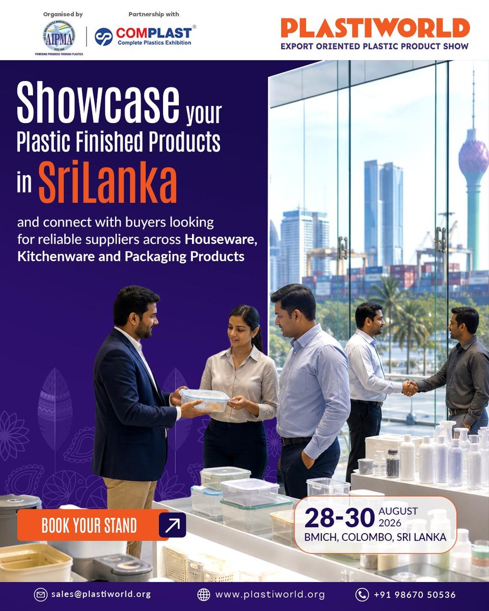 plastiworld_org's tweet photo. Sri Lanka is opening new opportunities for Indian manufacturers of Plastic Finished Products.

28 – 30 August 2026
BMICH, Colombo, Sri Lanka

Book your stand: https://t.co/k7bwwFZXri 

#PlastiWorld #PlastiWorldSriLanka2026 #IndianManufacturers #SriLankaMarket #ExportOpportunity https://t.co/ImfshRHYeK