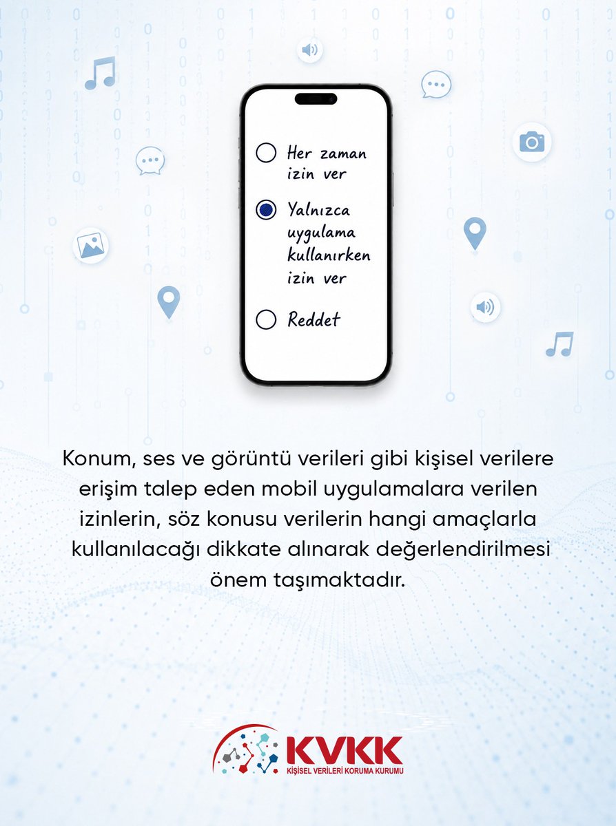 KVKKurumu's tweet photo. Konum, ses ve görüntü verileri gibi kişisel verilere erişim talep eden mobil uygulamalara verilen izinlerin, söz konusu verilerin hangi amaçlarla kullanılacağı dikkate alınarak değerlendirilmesi önem taşımaktadır.

#DijitalMahremiyet https://t.co/cWxJ1GtCEX