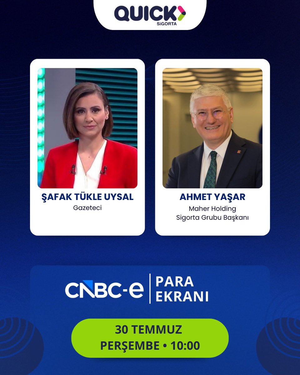 quicksigorta's tweet photo. Maher Holding Sigorta Grubu Başkanı Ahmet Yaşar, Şafak Tükle Uysal’ın sunduğu “Para Ekranı” programının canlı yayınına konuk oluyor. 📺
#CNBCE #QuickSigorta https://t.co/3RSDRFQasj