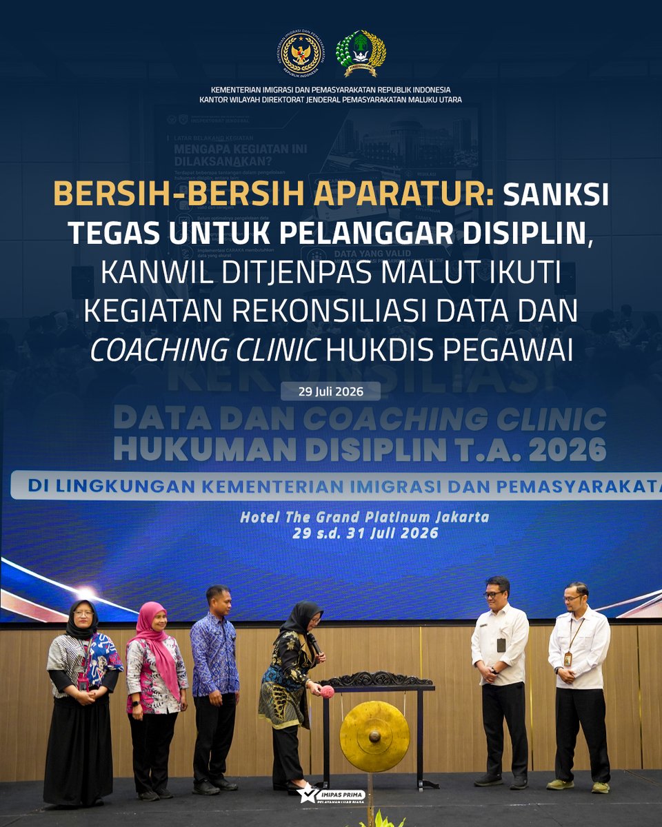 ditjenpasmalut's tweet photo. Kanwil Ditjenpas Maluku Utara mengikuti Rekonsiliasi Data dan Coaching Clinic Hukuman Disiplin (Hukdis) Tahun 2026 yang digelar Inspektorat Jenderal Kementerian Imigrasi dan Pemasyarakatan, Rabu (29/07).

Berita selengkapnya : https://t.co/TcUBEiDUVB https://t.co/HrO7S3XylX