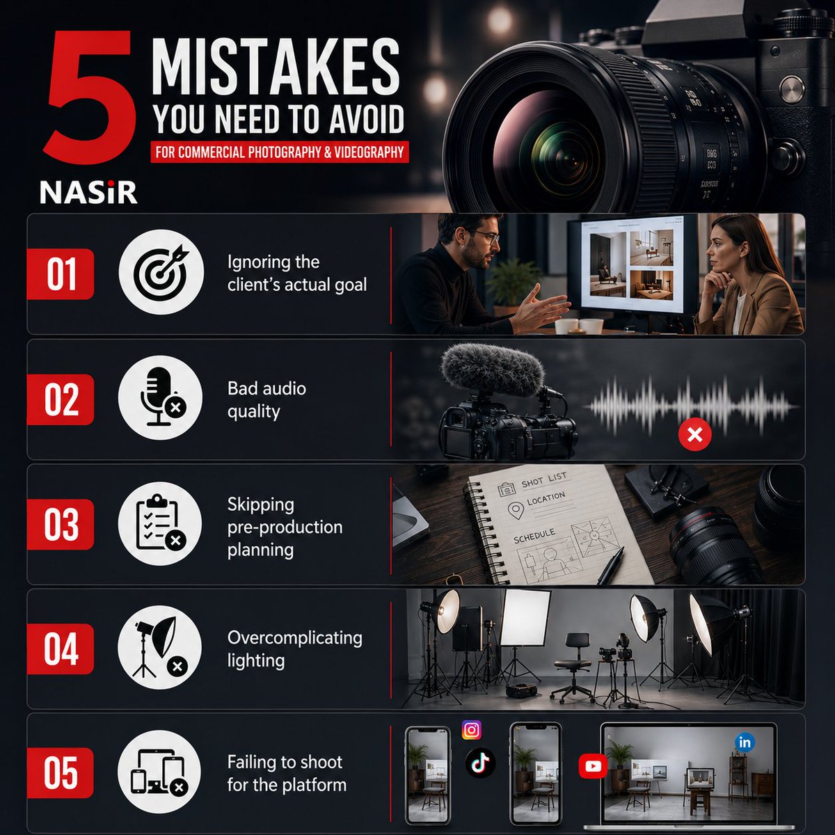 NasirSYB's tweet photo. ❌ Don't make these mistakes when you are doing commercial photography &amp; videography.
#CommercialPhotography #CommercialVideography #Mistake #MarketingTips #BusinessTips #SimplifyYourBusiness https://t.co/LwagvqCX7q