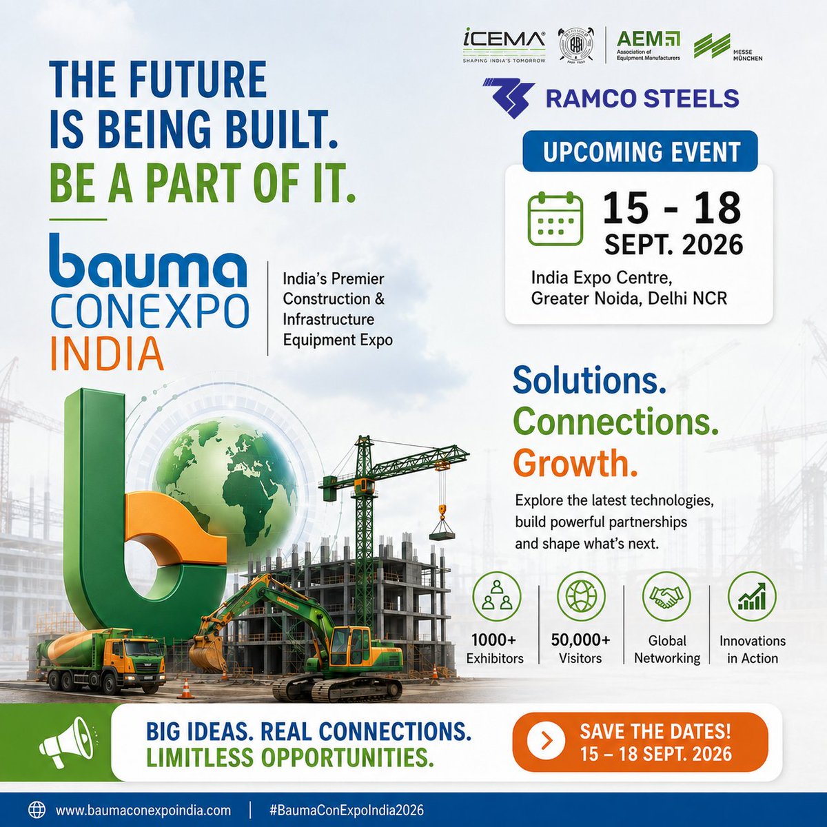Ramcosteels's tweet photo. This Is Where Construction's Future Begins!

Hall No. 11 | Stall J-73 India Expo Centre, Greater Noida, Delhi NCR, September 15–18, 2026

We are excited to meet you, exchange ideas, and form new alliances. 

#BaumaConExpoIndia2026 #ConstructionIndustry #Infrastructure https://t.co/mSOQGqL7jo