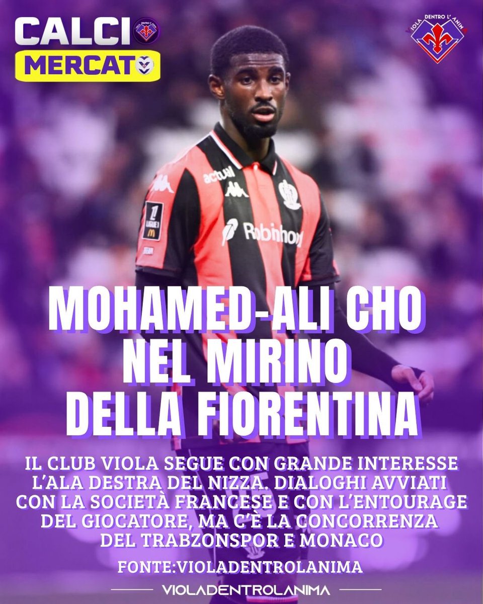 VDLA1926's tweet photo. La #Fiorentina guarda con grande attenzione a Mohamed-#AliCho, uno dei profili individuati per rinforzare il reparto offensivo. Il club viola ha avviato i primi dialoghi sia con il @ogcnice sia con l’entourage del giocatore per comprendere la fattibilità dell’operazione.
Classe 2004, Cho è un attaccante rapido, tecnico e molto abile nel dribbling. Ricopre il ruolo di ala destra ma può fare la prima punta, qualità che lo rendono un profilo moderno e particolarmente apprezzato sul mercato.
L’operazione, però, non si presenta semplice. Il Nizza valuta il giocatore tra i 12 e i 15 MLNe sul suo profilo ci sono già diversi club, tra cui #Trabzonspor e #Monaco.
#violadentrolanima #fiorentina #nizza #news #calciomercato
