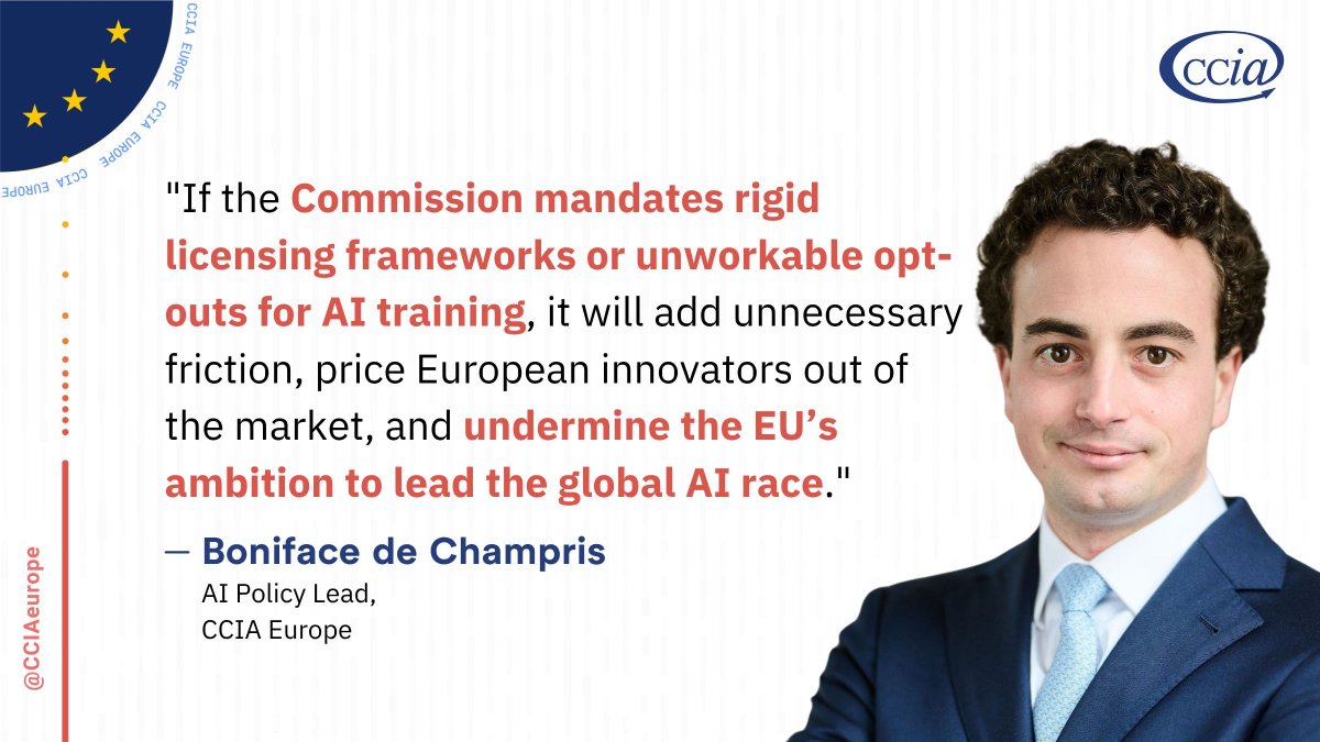 CCIAeurope's tweet photo. What happens when training #AI models in Europe becomes more complex, costly, and uncertain? 🤖
Restrictive changes to the EU #CopyrightDirective's text-and-data-mining (#TDM) framework could put €600 billion in annual #generativeAI value at risk.
👉 https://t.co/xjIttqou0p https://t.co/PH1NlQYkdM