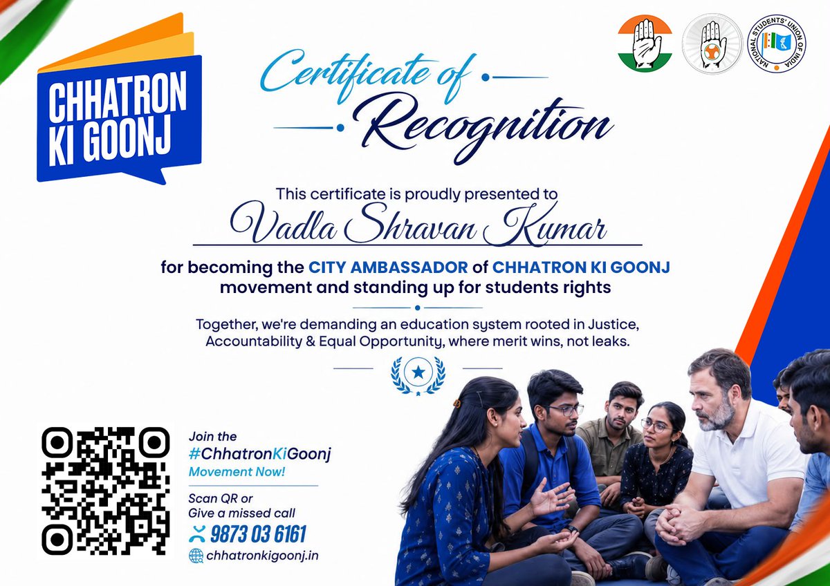 Chary__Tweets__'s tweet photo. Be the Voice. Inspire the Movement. Lead Your City. 

Become a City Ambassador of #ChhatronKiGoonj and lead the movement for a transparent, corruption-free education system.

📲 Scan the QR Code and take the first step.
🏅 Download your Certificate, ID Card &amp; Profile Frame. https://t.co/QcJMQIuOcT