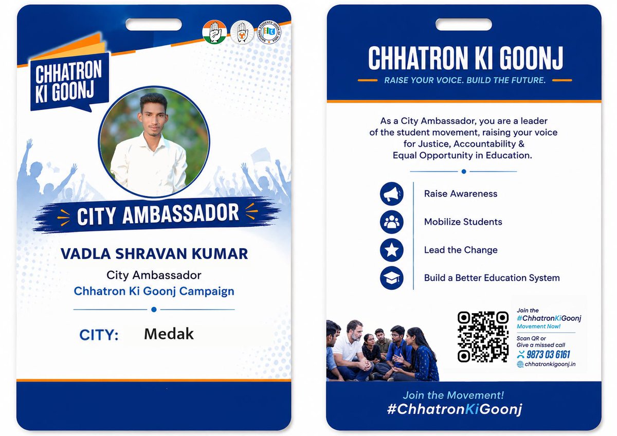 Chary__Tweets__'s tweet photo. Be the Voice. Inspire the Movement. Lead Your City. 

Become a City Ambassador of #ChhatronKiGoonj and lead the movement for a transparent, corruption-free education system.

📲 Scan the QR Code and take the first step.
🏅 Download your Certificate, ID Card &amp; Profile Frame. https://t.co/QcJMQIuOcT