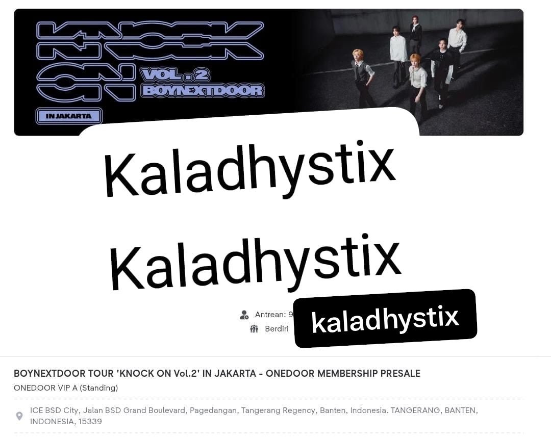 KaladhysTix's tweet photo. WTS BOY NEXT DOOR KNOCK ON VOL.2 IN JAKARTA

VIP A Presale @ 1Tix 
Qn 9*

PRICE DM YA DIURUS SAMPE FISIK!

tag. wtb wts open jastip boynextdoor knock on vol. 2 in jakarta https://t.co/Vzec8mDOc4