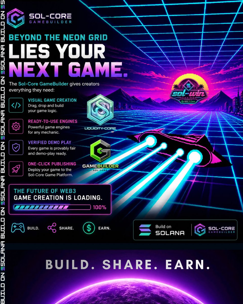 SolCoreEngine's tweet photo. Beyond the neon grid lies your next game.

The Sol-Core GameBuilder gives creators everything they need:

⚡ Visual game creation
⚡ Ready-to-use engines
⚡ Verified demo play
⚡ One-click publishing

The future of Web3 game creation is loading.

Build.
Share.
Earn.

Build on @solana 
Powered by Sol-Core

#Synthwave #GameBuilder #Web3Gaming #Solana #DEV #SolanaEcosystem #gamestudio #earn