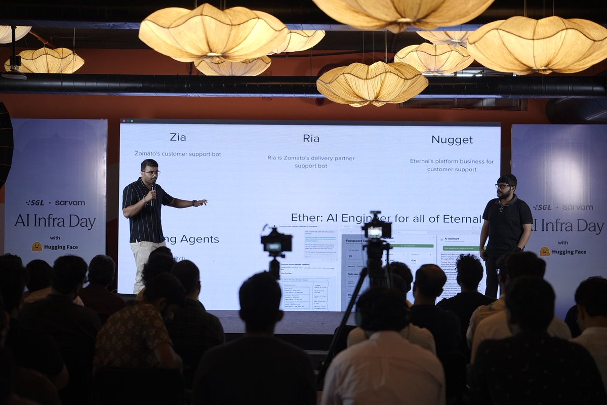 athletic_coder's tweet photo. Recently, we spoke at AI Infra Day by Sarvam , Hugging Face & SGLang.

Our talk was mainly on our in-house distributed training infra we have been building from scratch at Zomato for all of Post Training usecases at Eternal.

Through due research and experiment, we realised over last few months that small models paired with good harness and specialized domain specific post training lead to performance on par with frontier models like GPT, Gemini & Claude at fraction of cost. This eventually contributes to company owning the data, weights and intelligence. 

And why build sovereign infra? To make the most out of compute! Because MFU is the king.

By the way, we are hiring a couple cracked people who not only have solid background in Post Training / Harness Engineering but also think from first principles. (If that's you feel free to hmu with a note on what you bring to the table).

That's it. That's the post.