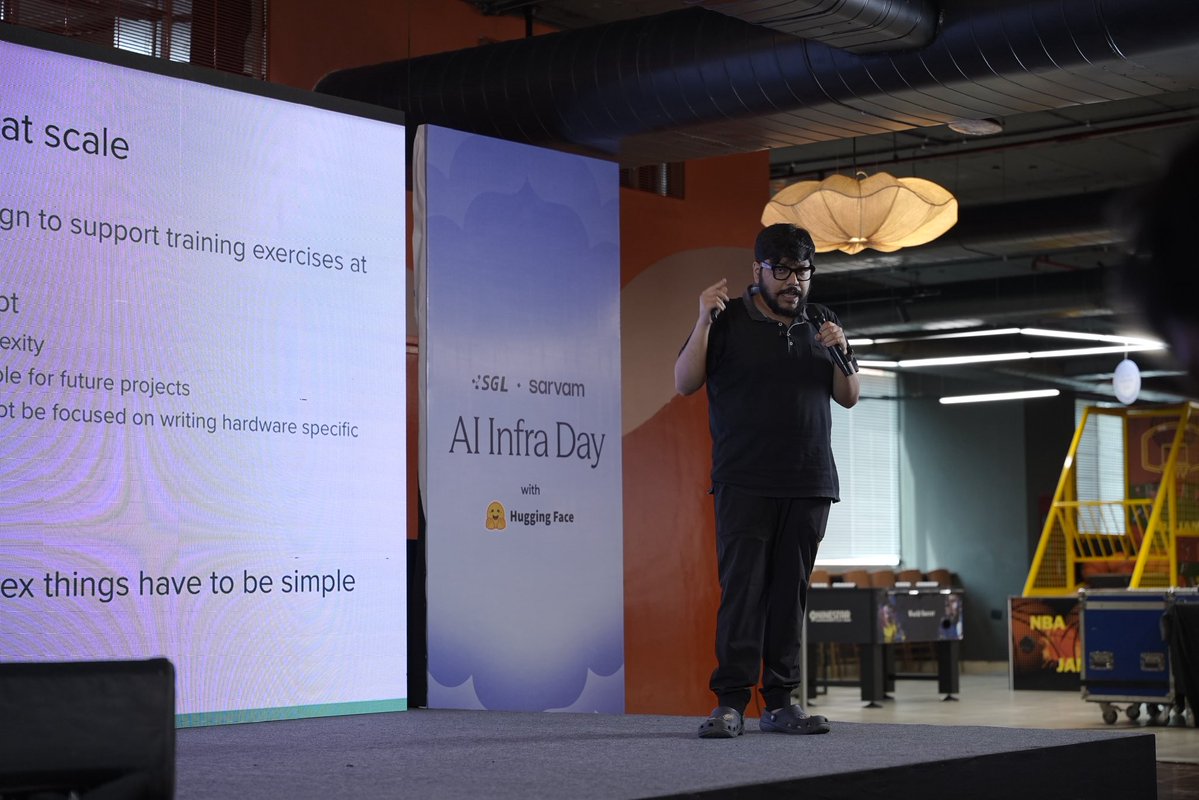athletic_coder's tweet photo. Recently, we spoke at AI Infra Day by Sarvam , Hugging Face & SGLang.

Our talk was mainly on our in-house distributed training infra we have been building from scratch at Zomato for all of Post Training usecases at Eternal.

Through due research and experiment, we realised over last few months that small models paired with good harness and specialized domain specific post training lead to performance on par with frontier models like GPT, Gemini & Claude at fraction of cost. This eventually contributes to company owning the data, weights and intelligence. 

And why build sovereign infra? To make the most out of compute! Because MFU is the king.

By the way, we are hiring a couple cracked people who not only have solid background in Post Training / Harness Engineering but also think from first principles. (If that's you feel free to hmu with a note on what you bring to the table).

That's it. That's the post.
