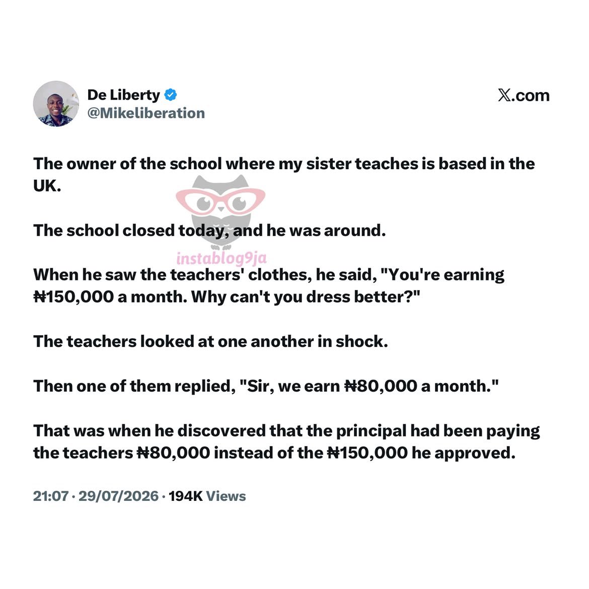 instablog9ja's tweet photo. School Proprietor Dumbfounded After Discovering Teachers Were Being Paid Less Than the ₦150,000 Monthly Salary He Approved https://t.co/ClLK2cndvC
