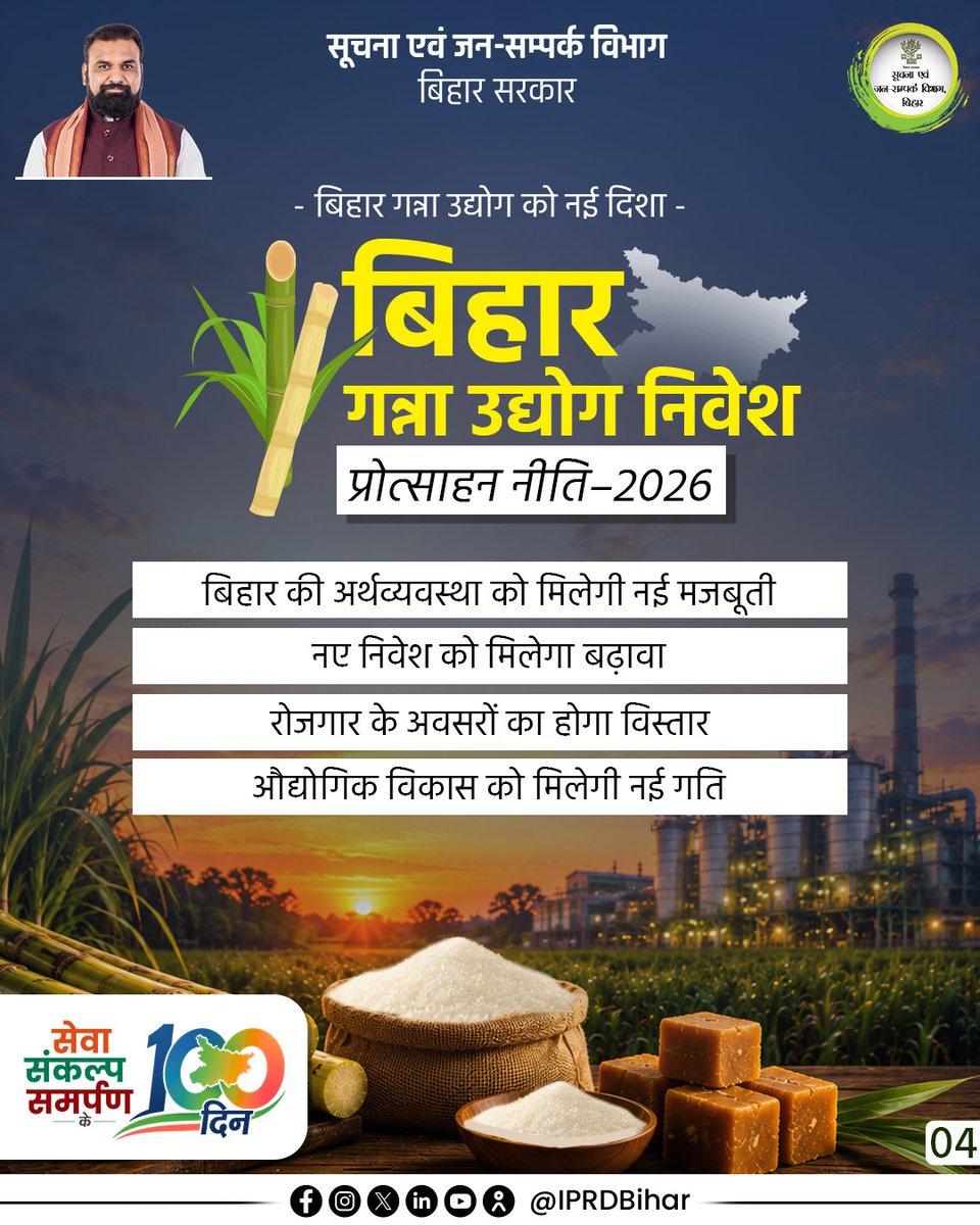 IPRDBihar's tweet photo. बिहार गन्ना उद्योग निवेश प्रोत्साहन नीति–2026 के माध्यम से राज्य में गन्ना आधारित उद्योगों को नई गति देने की दिशा में महत्वपूर्ण पहल की गई है।

@samrat4bjp 
@BiharSugarcane 
#100DaysOfCMSamrat
#SevaSankalpSamarpanKe100Din
#SugarIndustry
#FarmerEmpowerment
#IndustrialGrowth https://t.co/KseIWjEomF