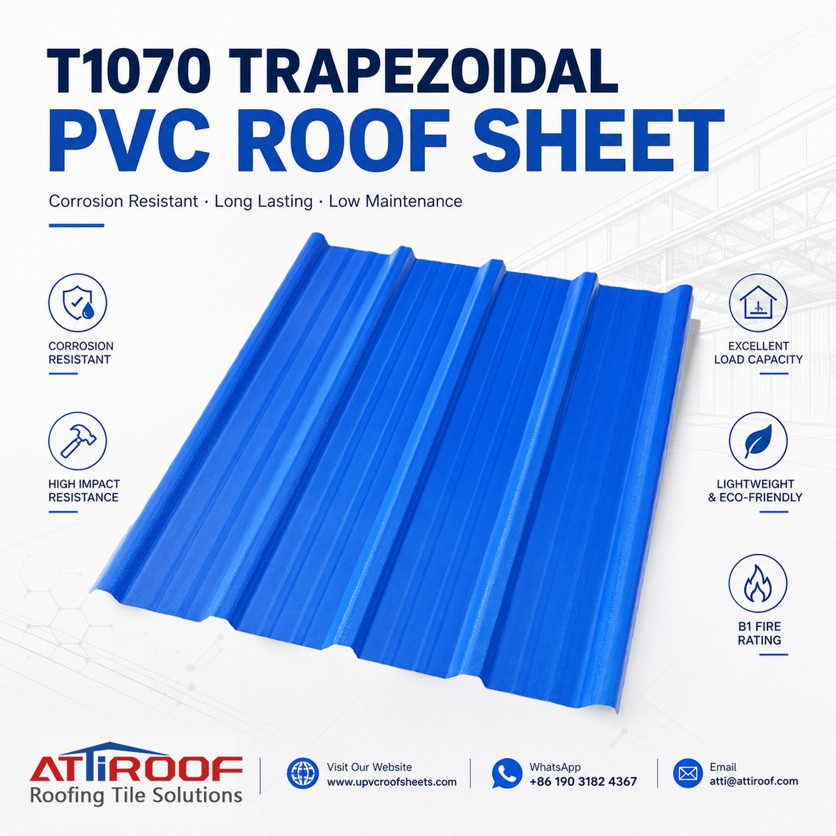 AttiRoof's tweet photo. Trapezoidal T1070 PVC Roof Sheet

Coastal buildings face salt corrosion, chemical plants deal with aggressive gases, and warehouses often need roofing that can withstand years of exposure with minimal maintenance. That's where our T1070 Trapezoidal PVC Roof Sheet performs well. https://t.co/DLlEm1IkXQ