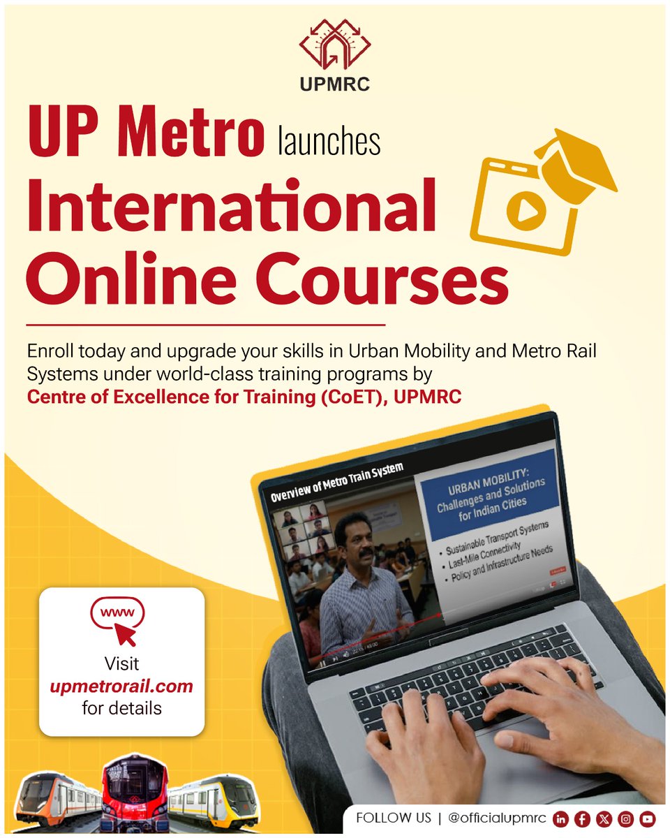 OfficialUPMetro's tweet photo. Build future-ready skills in Urban Mobility and Metro Rail Systems with UPMRC's International Online Courses by CoET.
Know more and enrol at https://t.co/IgFCTuBb73
#UPMRC #UrbanMobility #MetroRail #OnlineCourses #CoET https://t.co/fs2e0q3Nvq