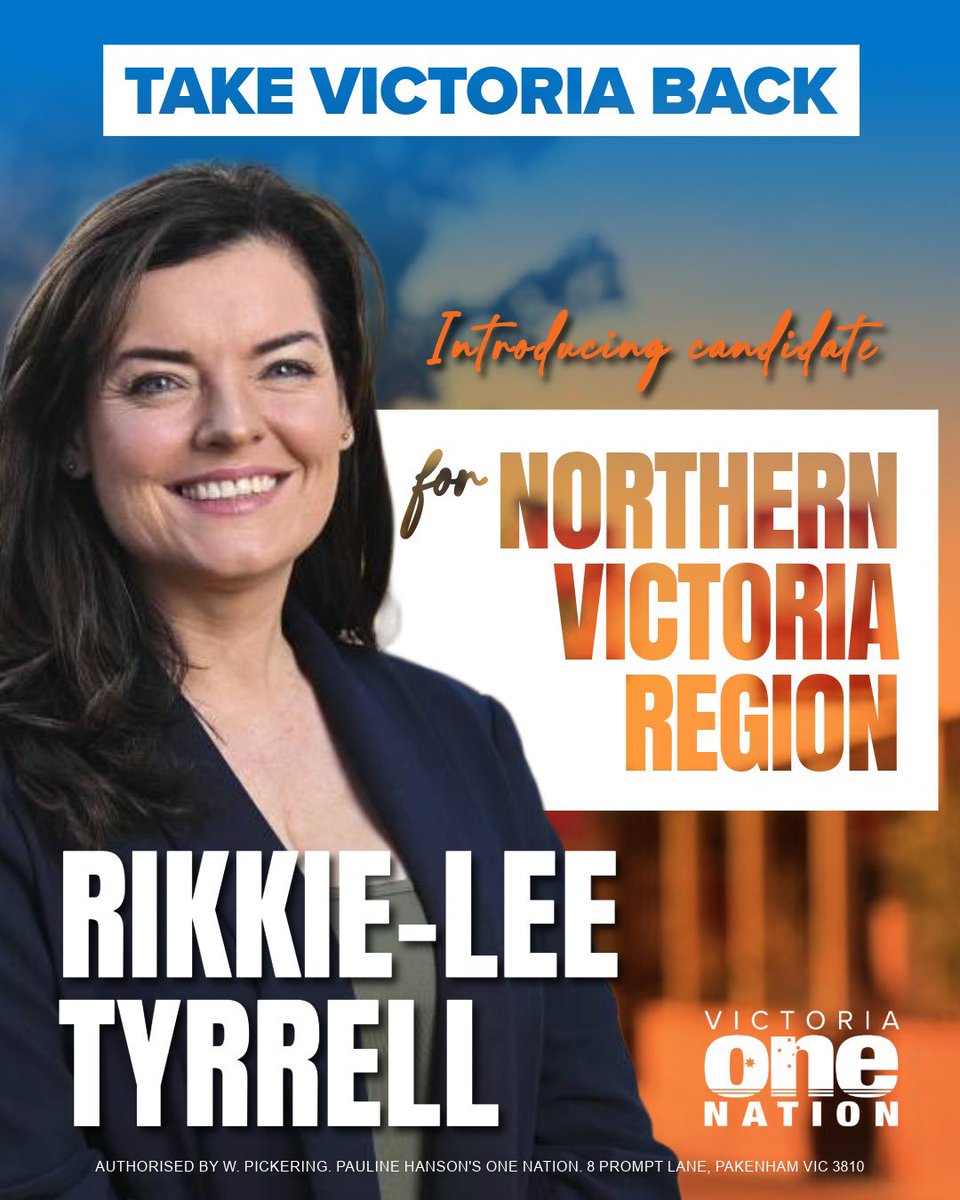 OneNationVic's tweet photo. We are proud to introduce Rikkie-Lee Tyrrell as our candidate for Northern Victoria region in the 2026 Victorian state election in November.

Ms Tyrrell broke ground in 2022 as the first One Nation MP ever elected to the Victorian parliament and has been a strong voice for an end to the neglect of regional areas by the Andrews, Allan and Carroll Labor governments.

A former farmer and emergency services volunteer, Ms Tyrrell has also worked in the hospitality, tourism and real estate sectors. She’s a mother with two children.

Ms Tyrrell has been a strong advocate for Northern Victoria and regional communities across the state, highlighting in particular the Labor government’s appalling and dangerous neglect of the regional road network.

She has advocated for reductions in red tape for the state’s irrigators, and for the expansion of drought assistance provided to farmers.

Ms Tyrrell also moved to criminalise desecration of the Australian and Victorian flags, and has advocated for implementing recommendations for IBAC and the state Ombudsman to improve government accountability.

She has also spoken strongly against the divisive ‘Respectful Relationships’ program rolled out in Victorian schools.