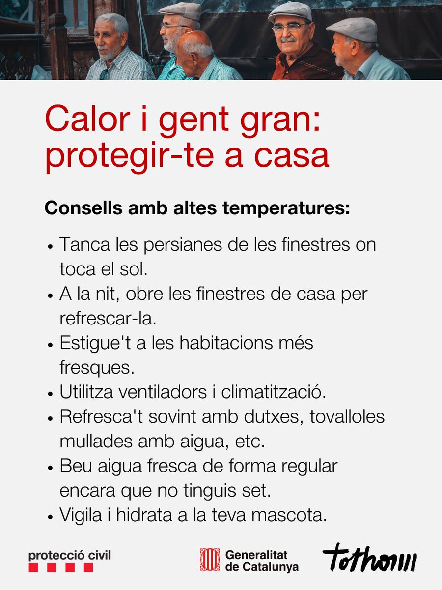 emergenciescat's tweet photo. 🌡️ La gent gran és un dels col·lectius més vulnerables a la calor intensa.

👨‍🦳 Segueix aquests consells d'autoprotecció quan estigui a casa, i evitar cops de calor i deshidratar-te.

Més consells: https://t.co/mRkpm5Fh0X https://t.co/4SeYJvY5IM