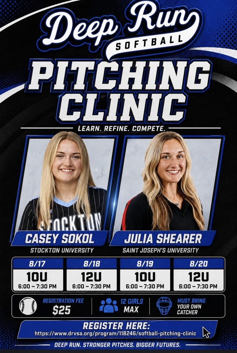 sokol_casey's tweet photo. Excited to be working with 10 and 12  U pitchers and getting to work with Julia Shearer!!!!  Come to Deep Run to learn tips and drills to prepare on the mound from two collegiate pitchers! https://t.co/FDZ7Is2VHl