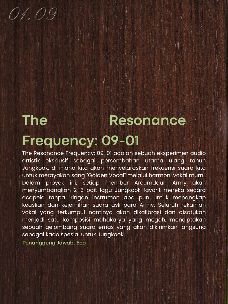 STGR196X's tweet photo. PROJECT 1 : THE RESONANCE FREQUENCY: 09-01 

› khusus anggota Areumdaun ARMY
(Penanggung Jawab: ECA)

#AreumdaunArmy 
#TheGoldenResonance 
#Jungkook 
#TheResonanceFrequency 
#JungkookDay https://t.co/7efVYIlv8a