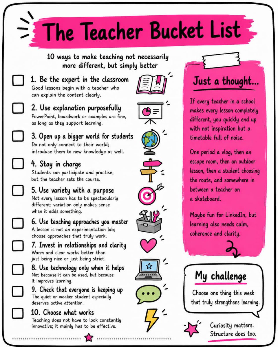 New_Old_Paul's tweet photo. In a reaction to a Dutch educational publisher’s ‘bucket list’ for teachers that amounted to changing almost everything in the classroom, my friend and colleague @VerbrugghenGert made a better list and then let ChatGPT remake it in English for me (and you). https://t.co/wXXdnM9k4b