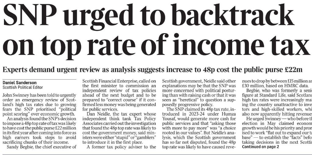 RealStephenKerr's tweet photo. The SNP’s economic incompetence comes with a price tag.

Experts now estimate its 48p top tax rate has cost Scotland £22 million instead of raising more revenue.

The SNP cannot seem to understand a basic economic truth: you can’t tax wealth that has already left.

Ideological posturing has left Scotland poorer, less competitive and with less money for public services. 

This is what Scotland gets with an incompetent and economically  illiterate SNP in charge.