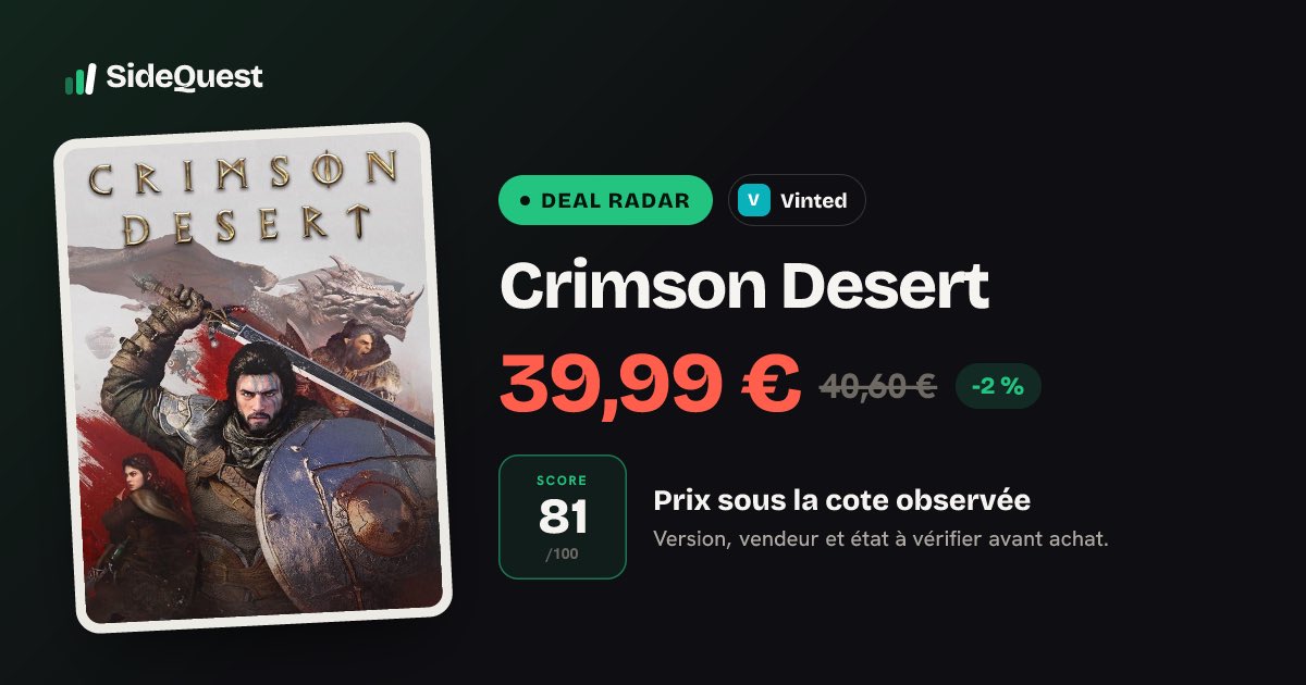 gesidequest's tweet photo. Deal Radar · Vinted 👀

Crimson Desert · PlayStation 5

39,99 EUR · score SideQuest 81/100
Bonne piste, à vérifier avant achat 👇
https://t.co/EbU2YeDgHY https://t.co/93rjKCdVig