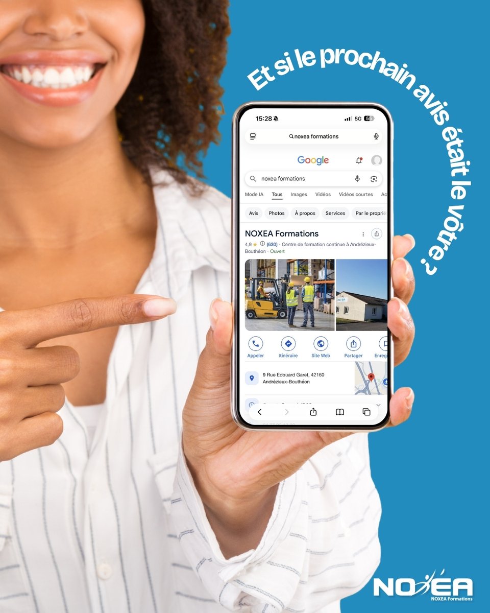 noxeaformations's tweet photo. Et si votre dernière étape de formation était de nous laisser un avis ?⭐
Vous avez suivi une formation avec NOXEA ?
Laissez-nous un avis Google et partagez votre ressenti sur votre formation, nos équipes et notre accompagnement.💙
#Formation #Avisgoogle #sst #aipr #caces #btp https://t.co/FZQPlQULO7