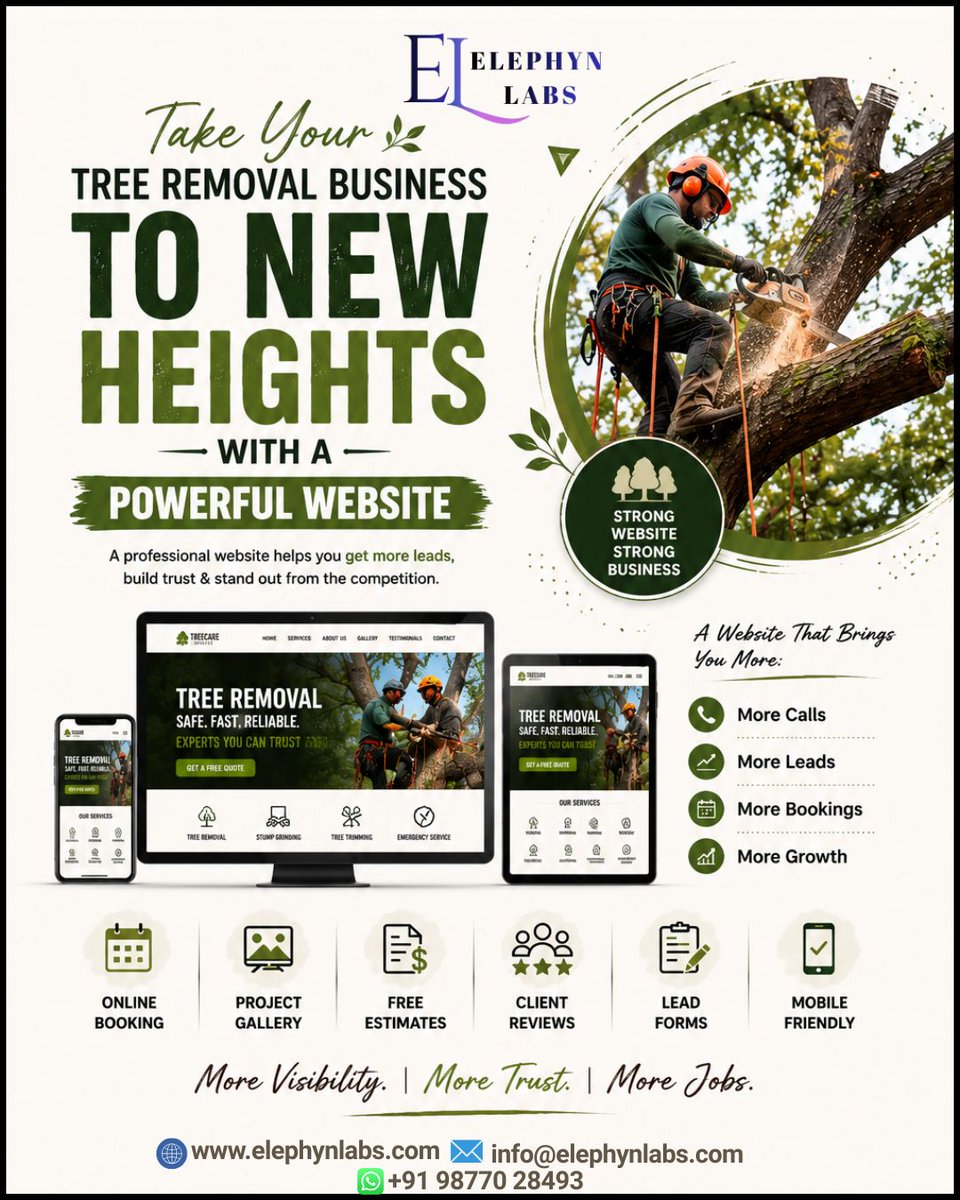 elephynlabs's tweet photo. Grow your tree care business online. 🌳

#ElephynLabs #TreeRemoval #TreeService #TreeCare #TreeCareServices #Arborist #WebsiteDesign #WebsiteDevelopment #WebsiteRedesign #TreeCareUK #TreeCareUSA #TreeCareCanada #TreeCareAustralia #TreeServiceUK #TreeServiceUSA #TreeServiceCanada https://t.co/C6gGKioNIO