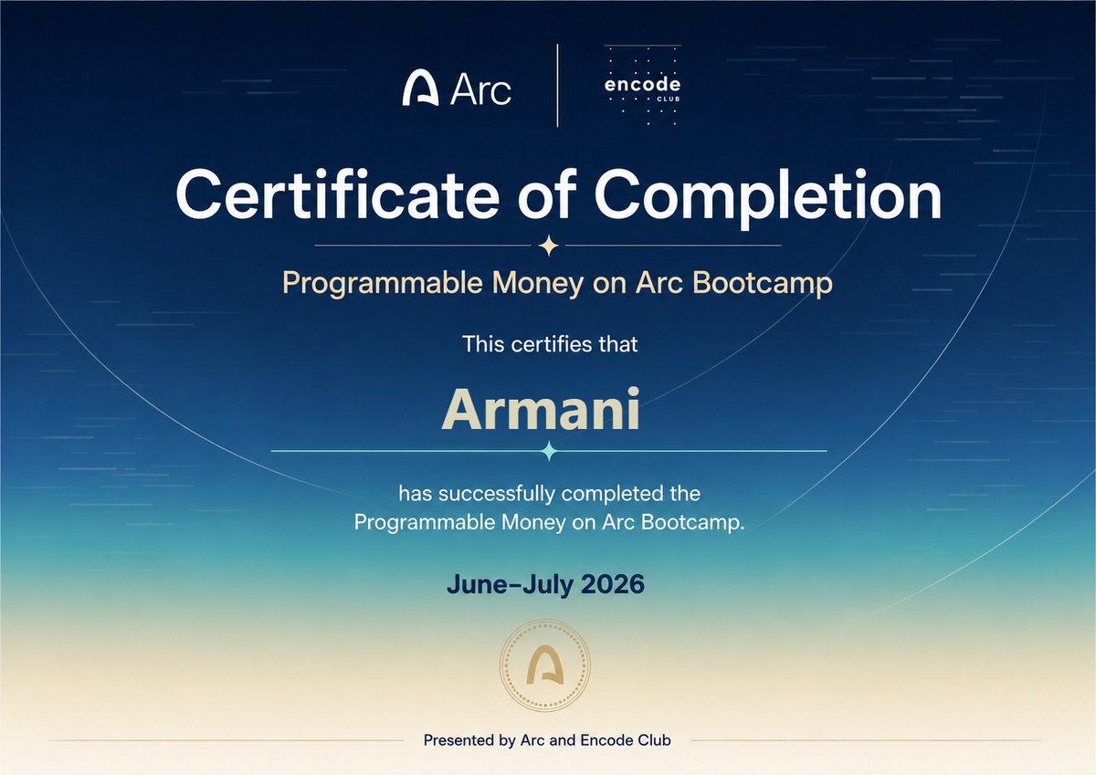 Armanibanks100's tweet photo. I’m proud to have completed the Programmable Money on @Arc Bootcamp with @encodeclub. 🎓

Over the past few weeks, I gained a much deeper understanding of programmable payments, USDC, and how payment-native applications can create entirely new ways for software to exchange value.

What makes this experience even more meaningful is that the lessons didn’t end with the bootcamp.

They directly influenced how I approached building ProoVra, where AI agents can discover creator-owned resources, pay for access with USDC through x402, and receive them through a structured flow on Arc.

A huge thank you to the Arc and Encode teams for creating a builder-first program that encouraged us to learn by building, experimenting, and shipping real products.

I’m proud of this milestone, grateful for the journey, and excited about what comes next with ProoVra for @thecanteenapp.