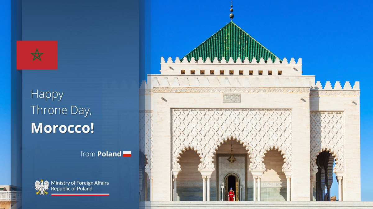 PolandMFA's tweet photo. Warmest congratulations to the people of the Kingdom of Morocco on the occasion of Throne Day, with best wishes for continued peace, prosperity, and progress.

🇵🇱🇲🇦 https://t.co/HpmNHsAiq8