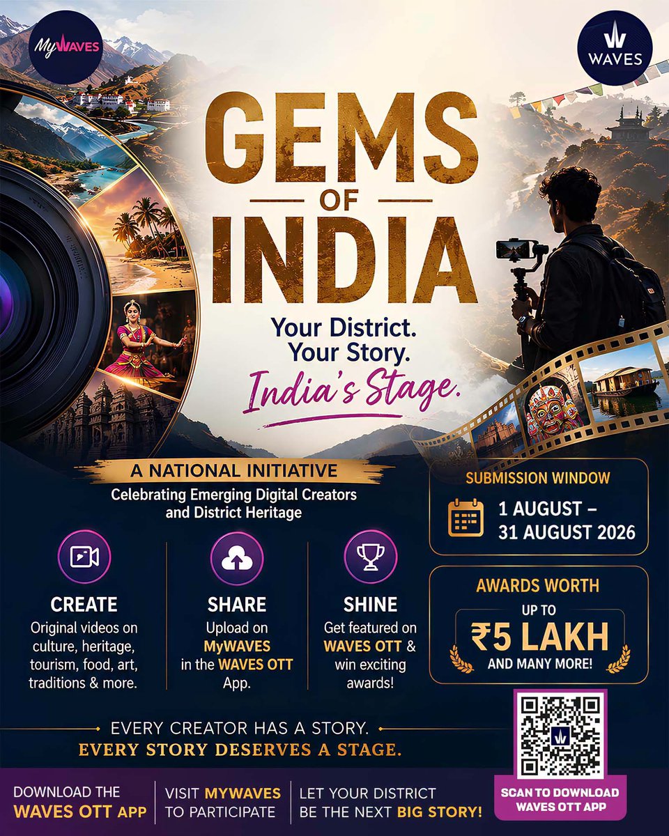 DDMalayalam's tweet photo. From local traditions to untold stories, every district reflects the soul of India.
Join the #GemsOfIndia initiative on #WAVESOTT and let your creativity showcase the unique identity of your district.
Submit your entries from 1-31 August 2026.
@AkashvaniAIR https://t.co/Ie9yFghfR3