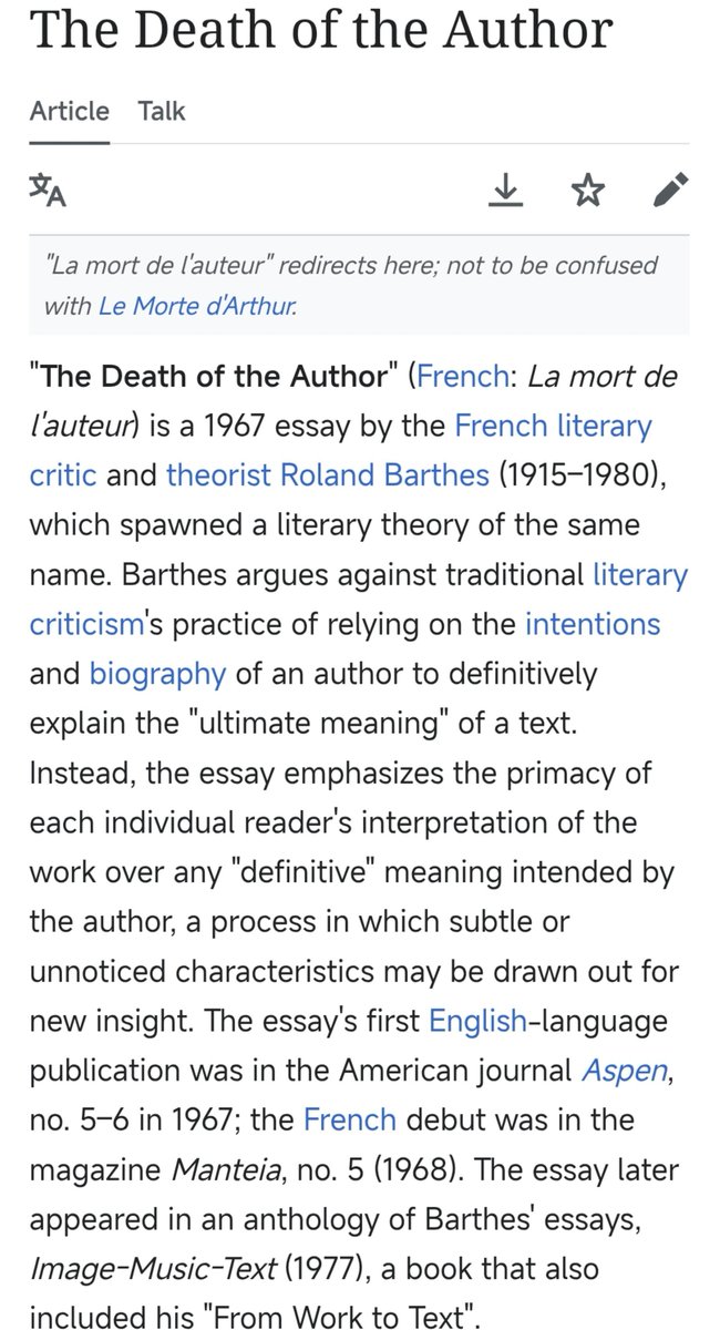 aolinyijiang's tweet photo. Barthes also proposed two influential theories:
The Death of the Author: meaning comes from readers, not the author.
Writing Degree Zero: a neutral style free from personal expression and ideology.
And The Stranger is a perfect example of both. https://t.co/TerBbkBUuG