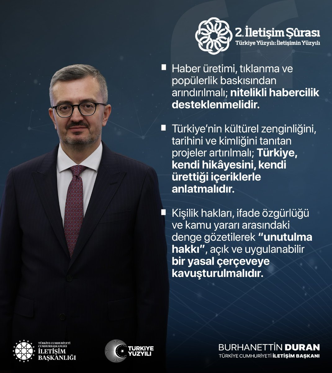 esradymn2023's tweet photo. İletişim Başkanı Burhanettin Duran (@burhanduran):

"Haber üretimi, tıklanma ve popülerlik baskısından arındırılmalı; nitelikli habercilik desteklenmelidir."

📍2. İletişim Şurası Sonuç Bildirgesi https://t.co/mZDaC0FOcA