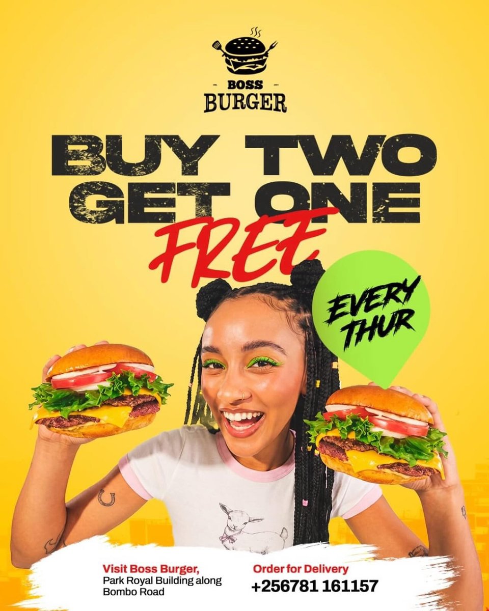 nrgradioug's tweet photo. Triple the flavor, same great vibe! ๐ Buy 2, Get 1 FREE every Thursday. Donโt miss out! ๐ @bossburgerug
#NRGRadioUG #BossBurgerUG https://t.co/2Yf96SndAB