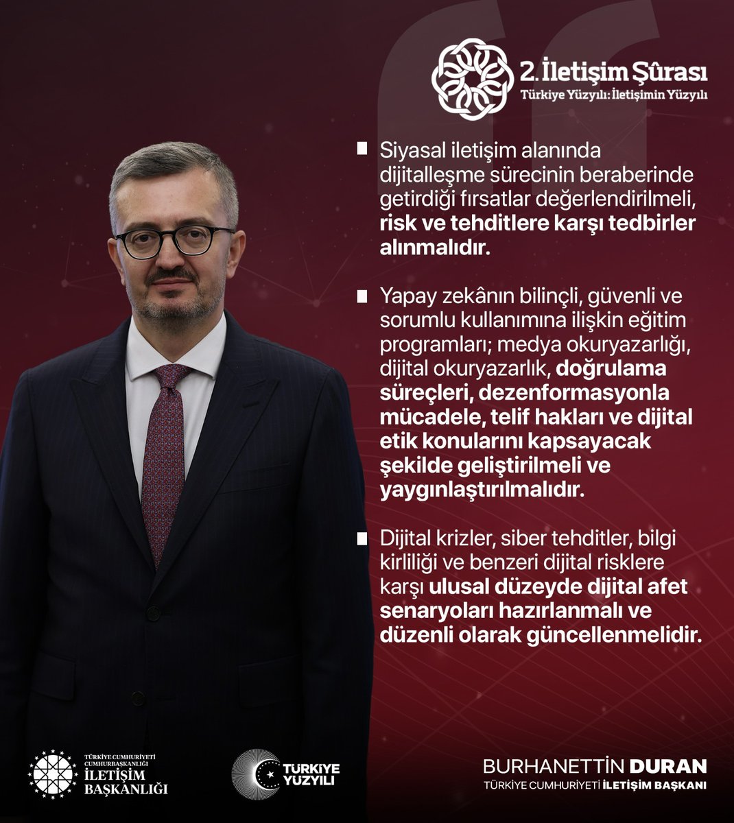 secilbaharr's tweet photo. İletişim Başkanı Burhanettin Duran (@burhanduran):

"Dijital krizler, siber tehditler, bilgi kirliliği ve benzeri dijital risklere karşı ulusal düzeyde dijital afet senaryoları hazırlanmalı ve düzenli olarak güncellenmelidir."

📍2. İletişim Şurası Sonuç Bildirgesi https://t.co/QLKocRQZ5r